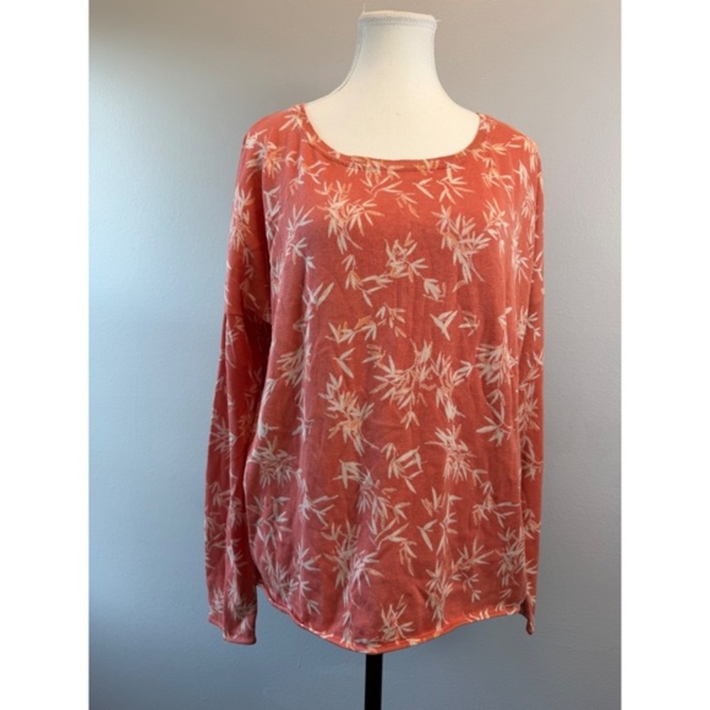 Garnet Hill Silk Cotton Bamboo Leaf Print Sweater Coral Orange Womens Medium‎